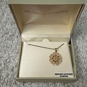 Gold Floral Filigree Pendant Necklace - Genuine Sapphire & Diamond Accent